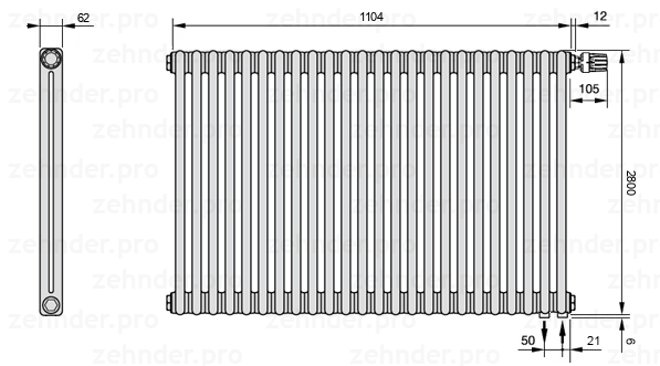 Схема (чертеж) Радиатор Zehnder Charleston 2280/24 №V002 Белый глянцевый RAL 9016